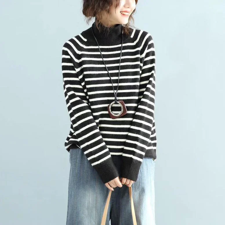 For Spring black striped knit sweat tops plus size high neck knit blouse