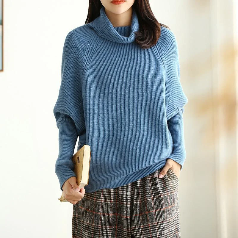 For Spring blue sweaters fall fashion high neck Batwing Sleeve knitted clothes