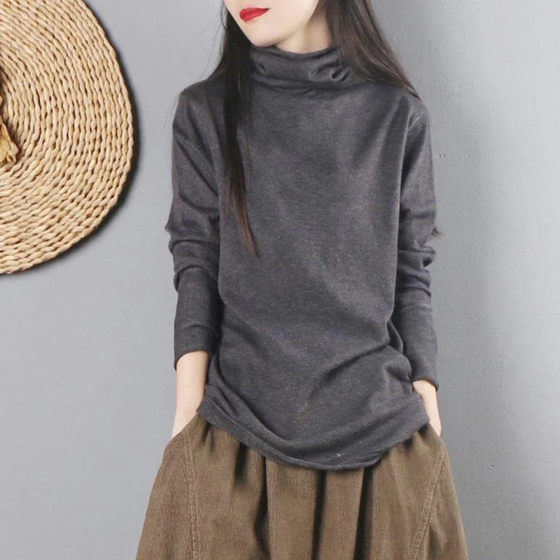 For Spring dark gray sweater tops high neck knitwear long sleeve