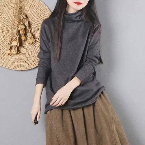 For Spring dark gray sweater tops high neck knitwear long sleeve