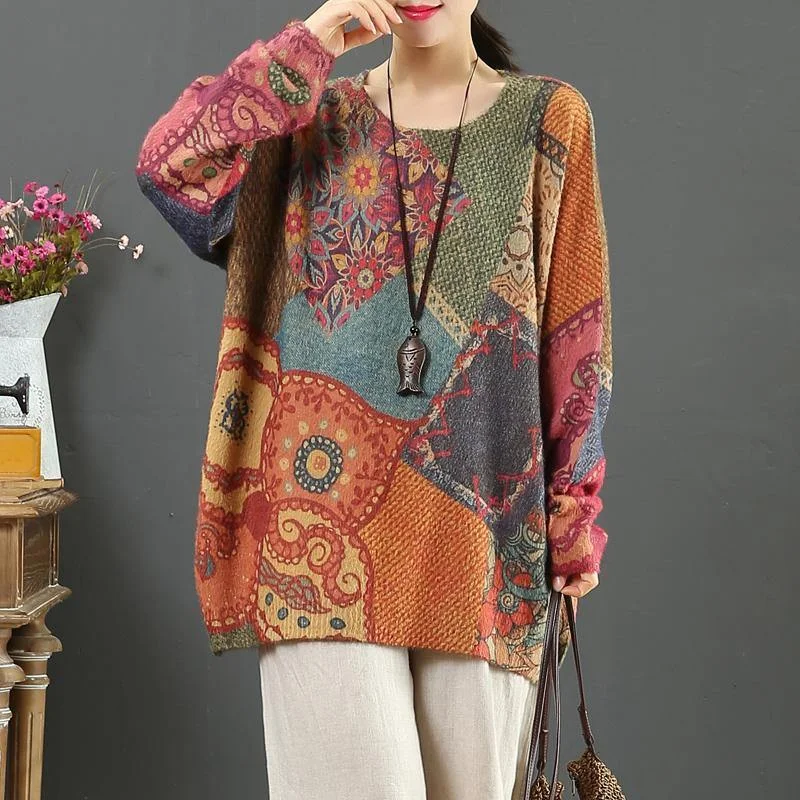 For Spring print one clothes wild casual o neck knitted blouse