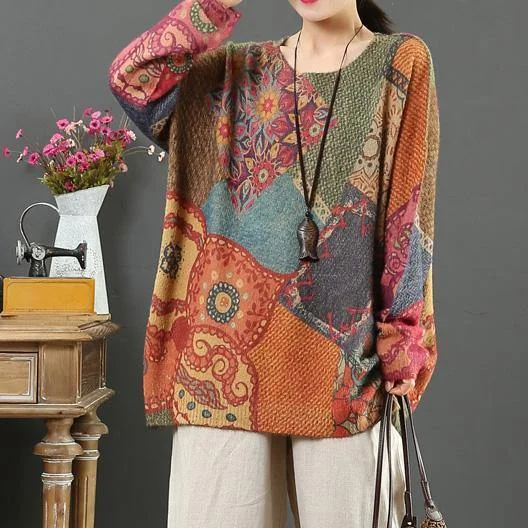 For Spring print one clothes wild casual o neck knitted blouse