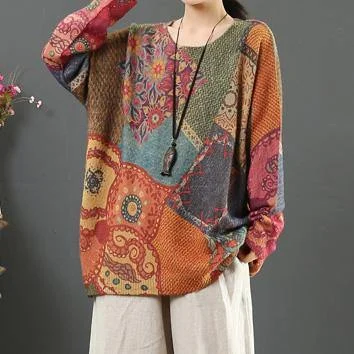 For Spring print one clothes wild casual o neck knitted blouse