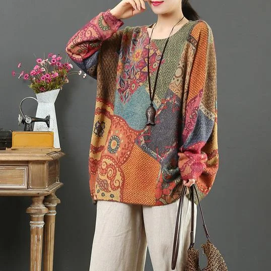 For Spring print one clothes wild casual o neck knitted blouse