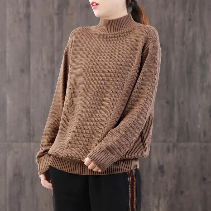 For Work brown Blouse plus size high neck knit tops long sleeve