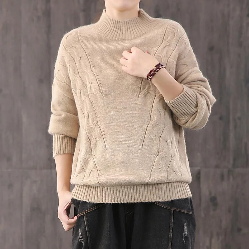 For Work khaki knit blouse Loose fitting knitted blouse high neck