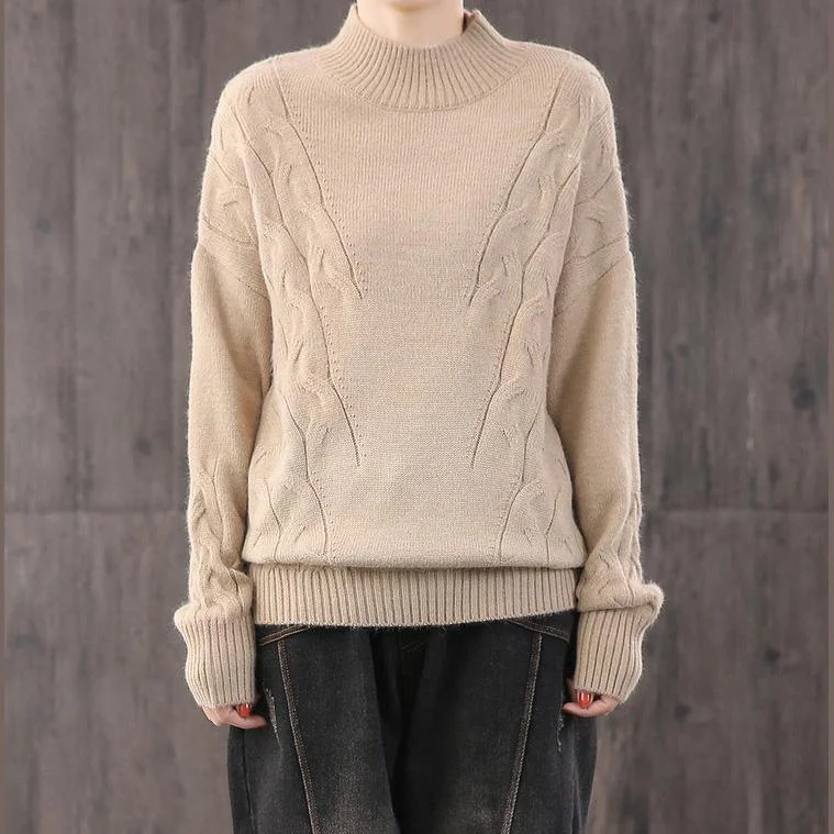 For Work khaki knit blouse Loose fitting knitted blouse high neck