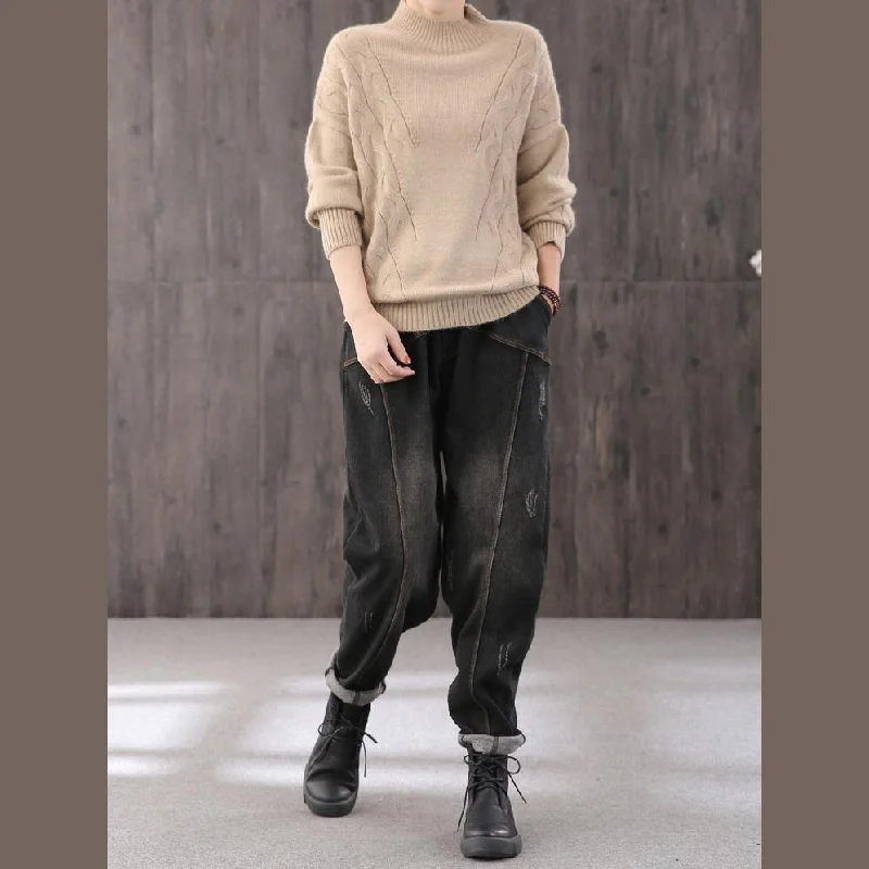 For Work khaki knit blouse Loose fitting knitted blouse high neck