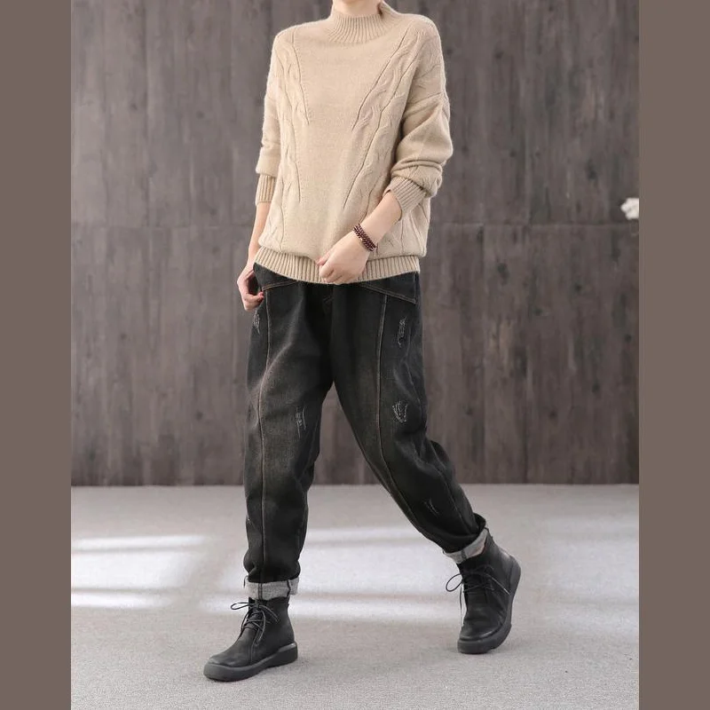 For Work khaki knit blouse Loose fitting knitted blouse high neck