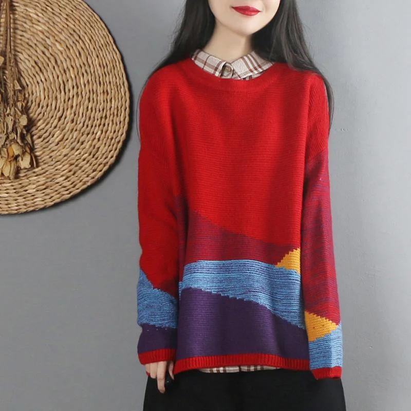 For Work red knitted top oversized o neck knitted blouse long sleeve