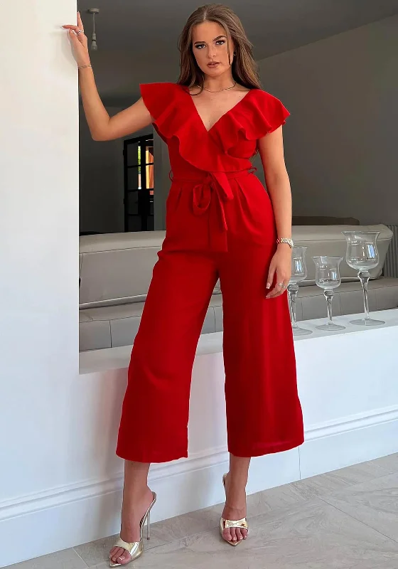 Girl in Mind Lyra Frill Neck Jumpsuit, Red