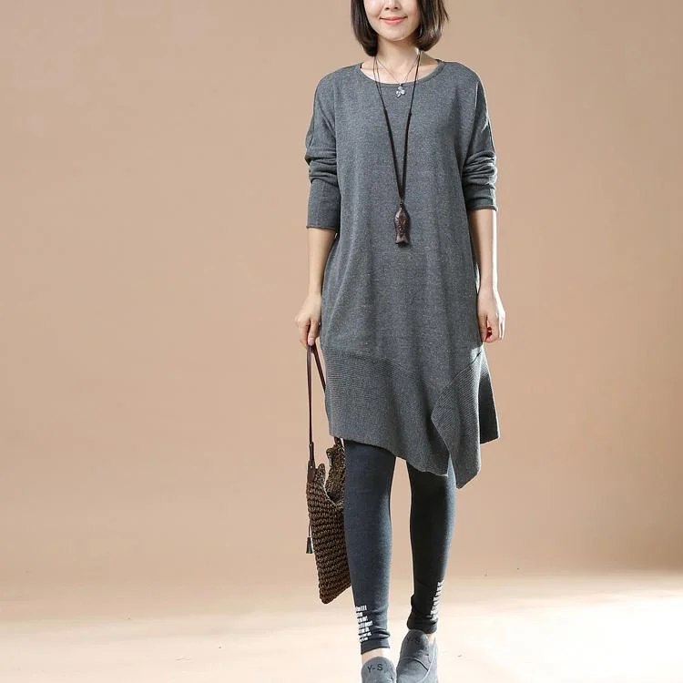 Gray Oversized Sweaters Asymmetrical Design Knit Dress