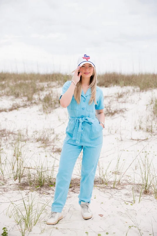 Kylie Washed Utility Jumpsuit - Bright Blue