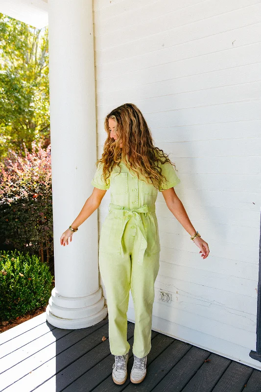 Kylie Washed Utility Jumpsuit - Lime Yellow