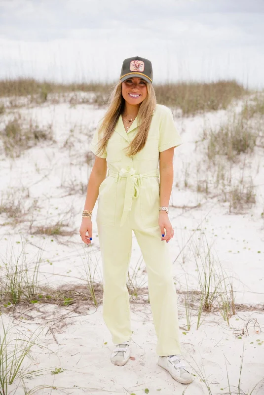 Kylie Washed Utility Jumpsuit - Lime Yellow