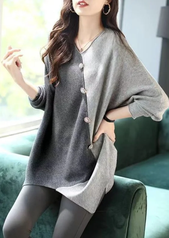 Light Gray Patchwork Dark Gray Knit Tops Plus Size V Neck Knitted Tops