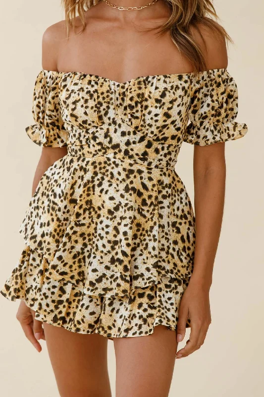 Linka Off-Shoulder Tie Back Romper Leopard Print Yellow