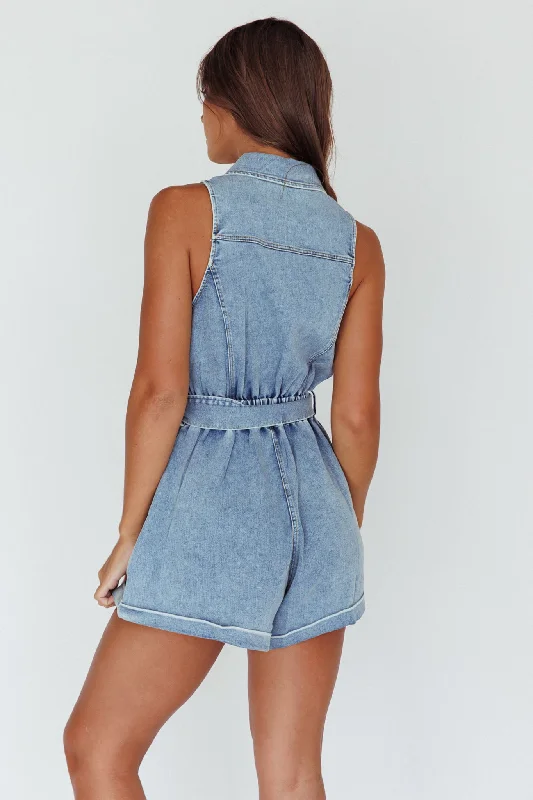 New Day Sleeveless Button-Up Romper Denim Blue