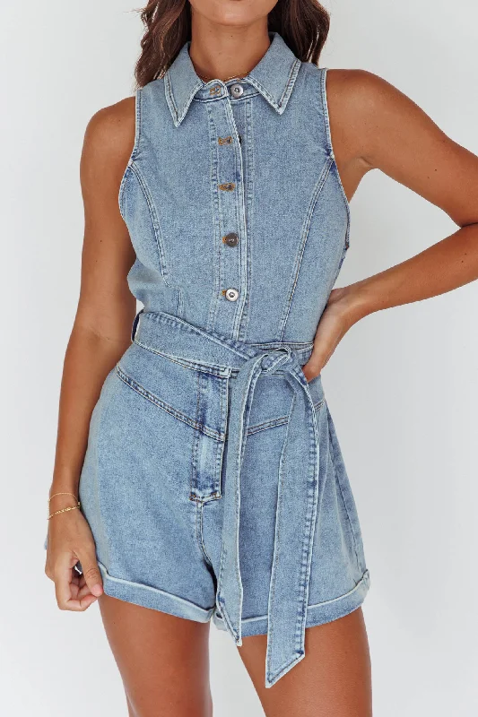 New Day Sleeveless Button-Up Romper Denim Blue