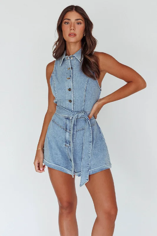 New Day Sleeveless Button-Up Romper Denim Blue