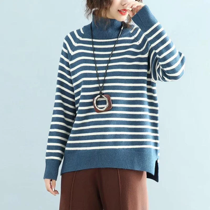 Oversized blue striped knitted pullover oversize knitwear high neck