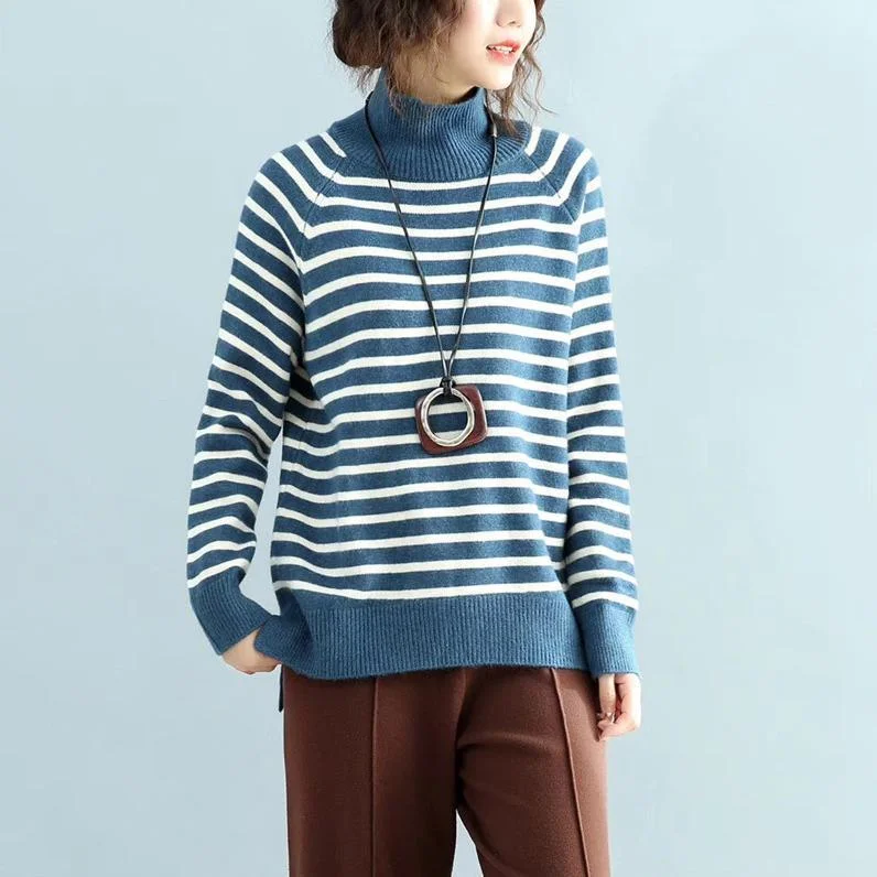 Oversized blue striped knitted pullover oversize knitwear high neck