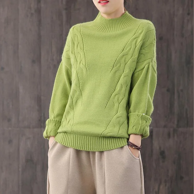 Oversized green knit tops casual high neck knit blouse