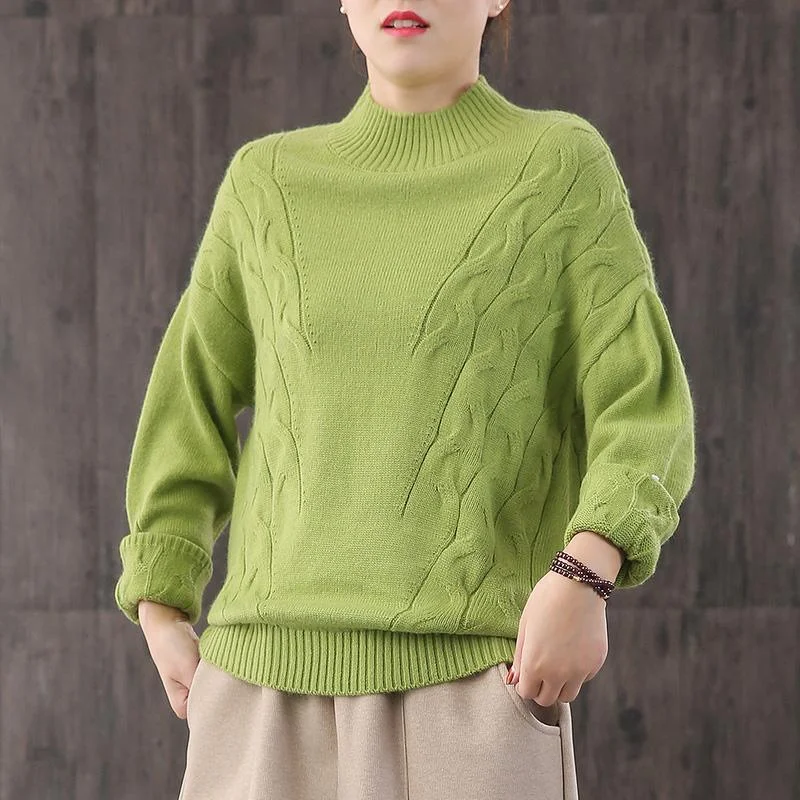 Oversized green knit tops casual high neck knit blouse