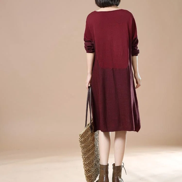 Plus size pullover sweaters long knit dresses burgundy