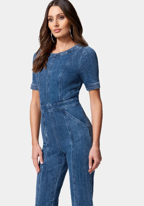 Puff Sleeve Wide Leg Denim Jumpsuit