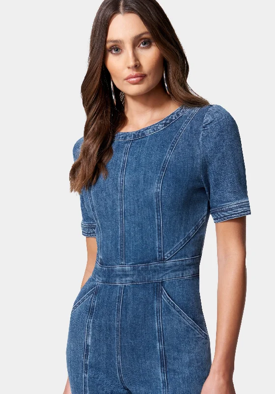 Puff Sleeve Wide Leg Denim Jumpsuit