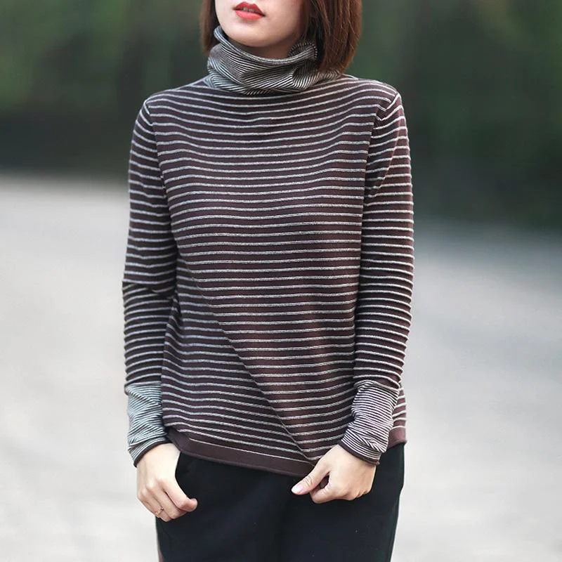 Pullover chocolate striped knitwear fall fashion high neck baggy knitted t shirt