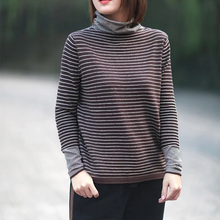 Pullover chocolate striped knitwear fall fashion high neck baggy knitted t shirt