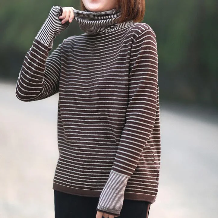 Pullover chocolate striped knitwear fall fashion high neck baggy knitted t shirt