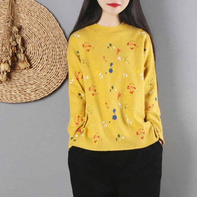 Pullover yellow print sweater tops fall fashion o neck knitwear long sleeve