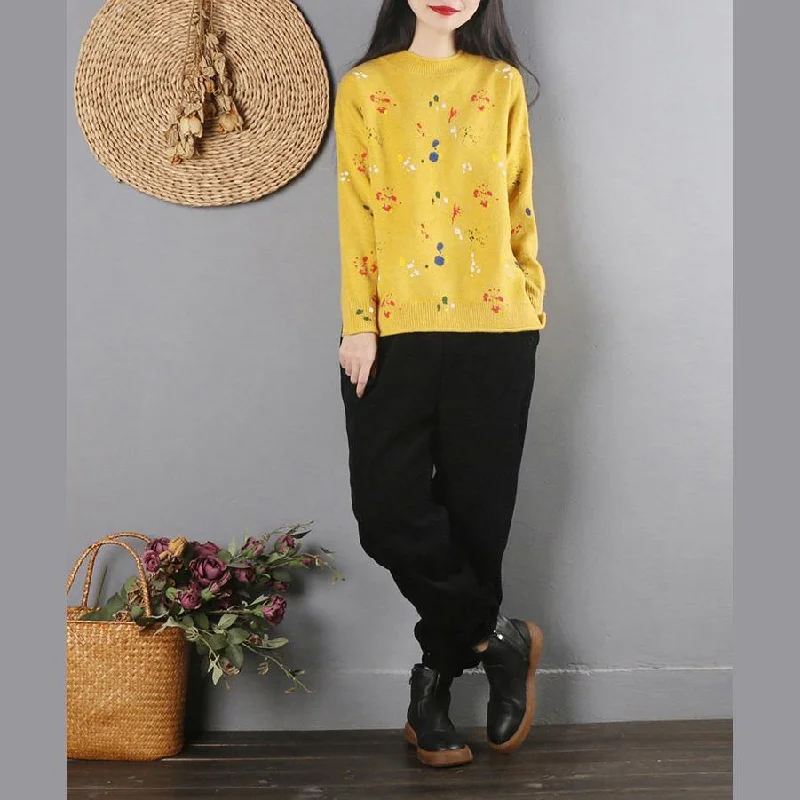 Pullover yellow print sweater tops fall fashion o neck knitwear long sleeve