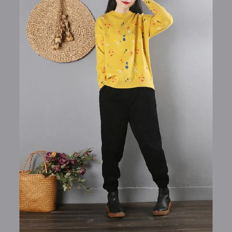 Pullover yellow print sweater tops fall fashion o neck knitwear long sleeve