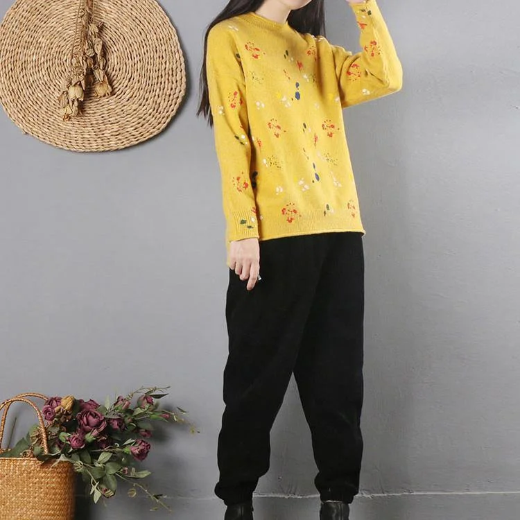 Pullover yellow print sweater tops fall fashion o neck knitwear long sleeve