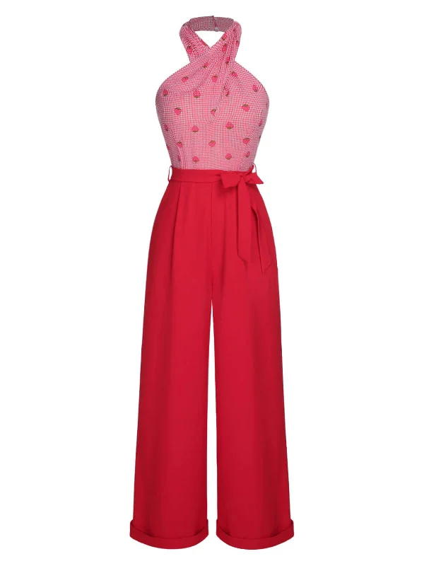 Red 1950s Strawberry Cross Halter Jumpsuit