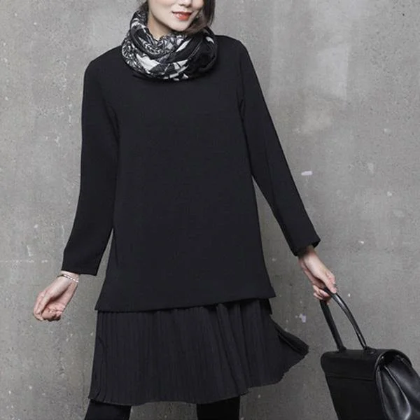 Simple o neck Cotton false two pieces tunics for women design black Dress