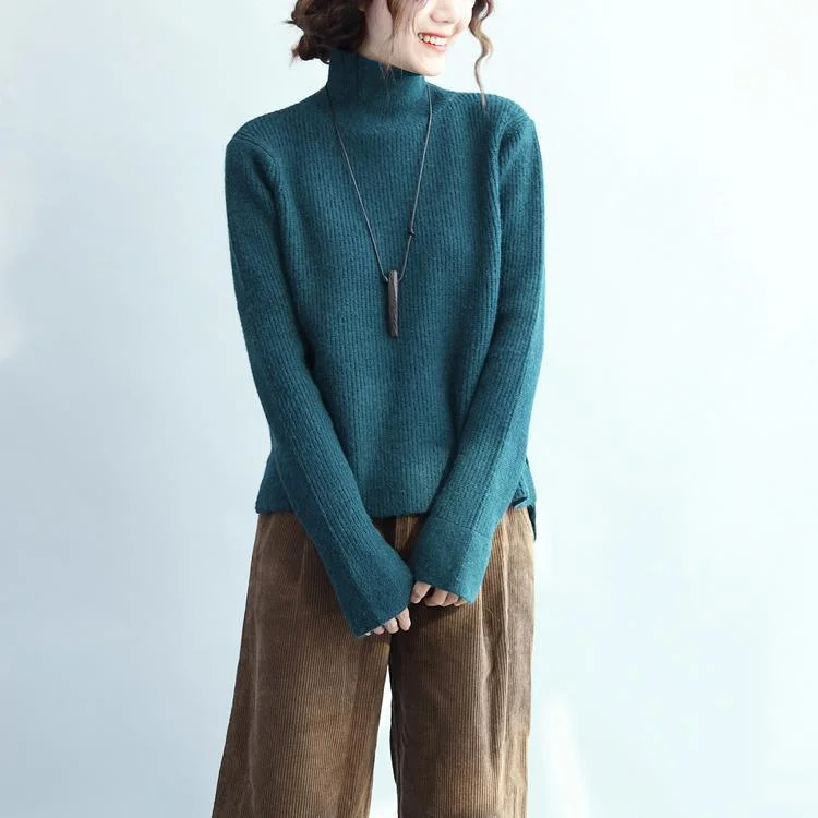 stylish blue knit sweaters Loose fitting high neck knitted blouses New side open top