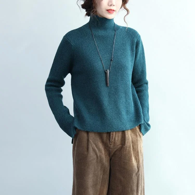 stylish blue knit sweaters Loose fitting high neck knitted blouses New side open top