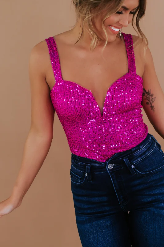 Take Me Out Sequin Bodysuit, Fuchsia