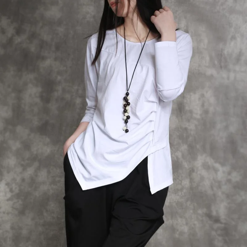 white cotton shirts top long sleeve blouse asymmetric design cotton clothing