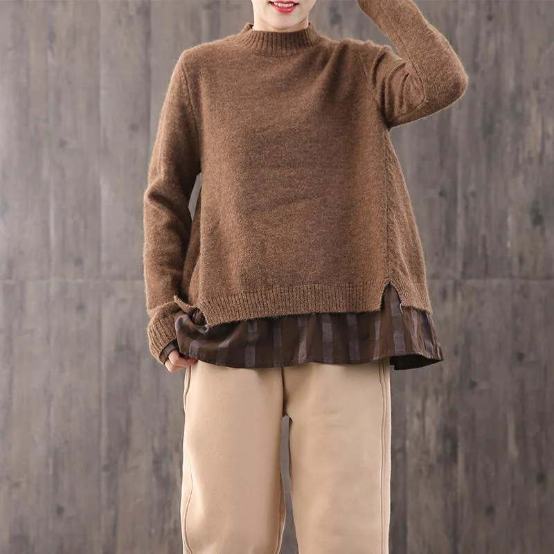 Winter brown knitted t shirt oversize o neck knit tops false two pieces