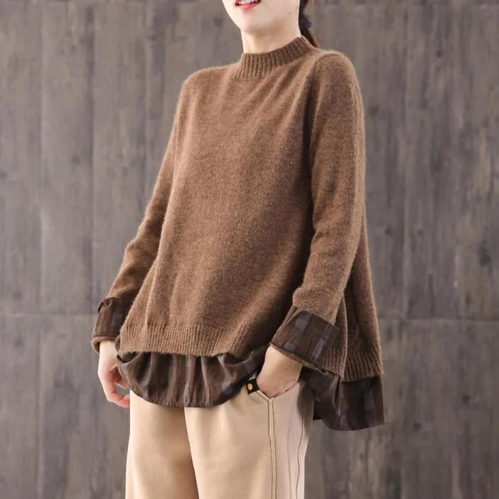 Winter brown knitted t shirt oversize o neck knit tops false two pieces