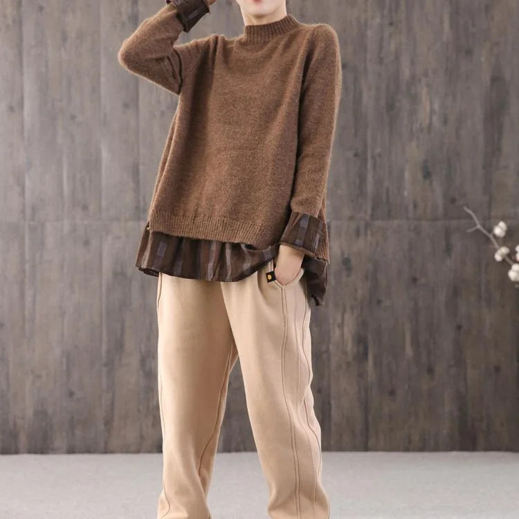 Winter brown knitted t shirt oversize o neck knit tops false two pieces