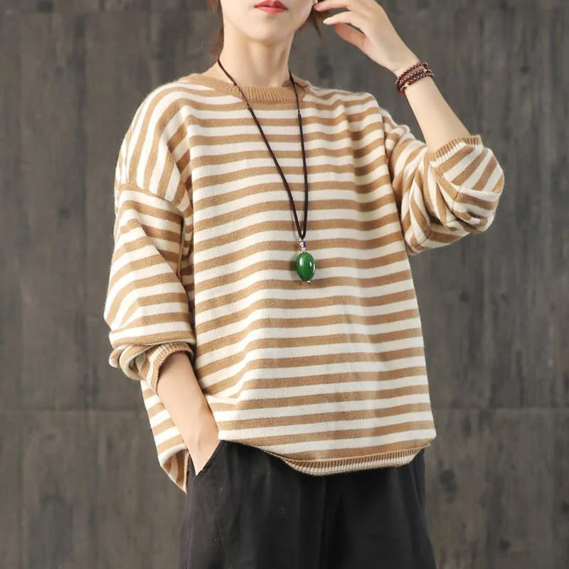 Winter khaki striped top fall fashion knitwear o neck