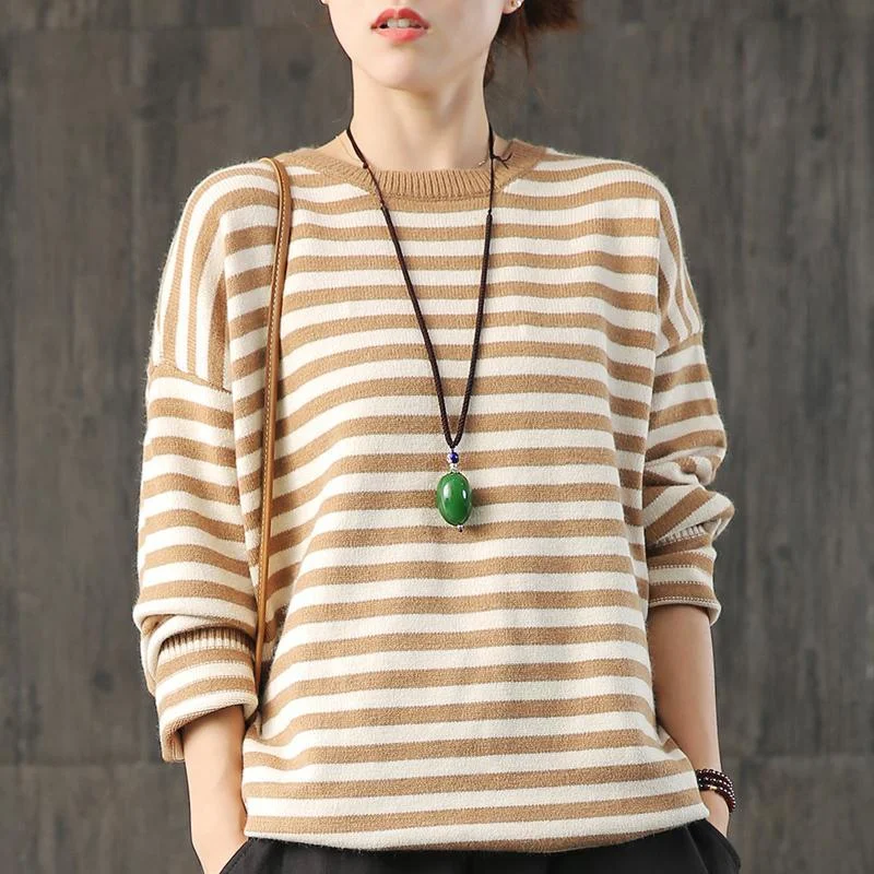 Winter khaki striped top fall fashion knitwear o neck