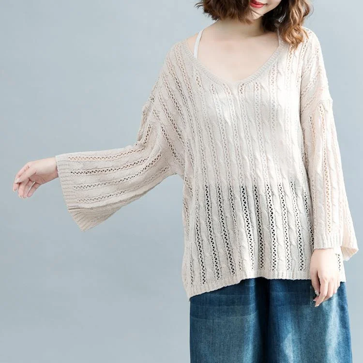 women beige  sweater Loose fitting v neck knitted blouses 2018 hollow out fall blouse